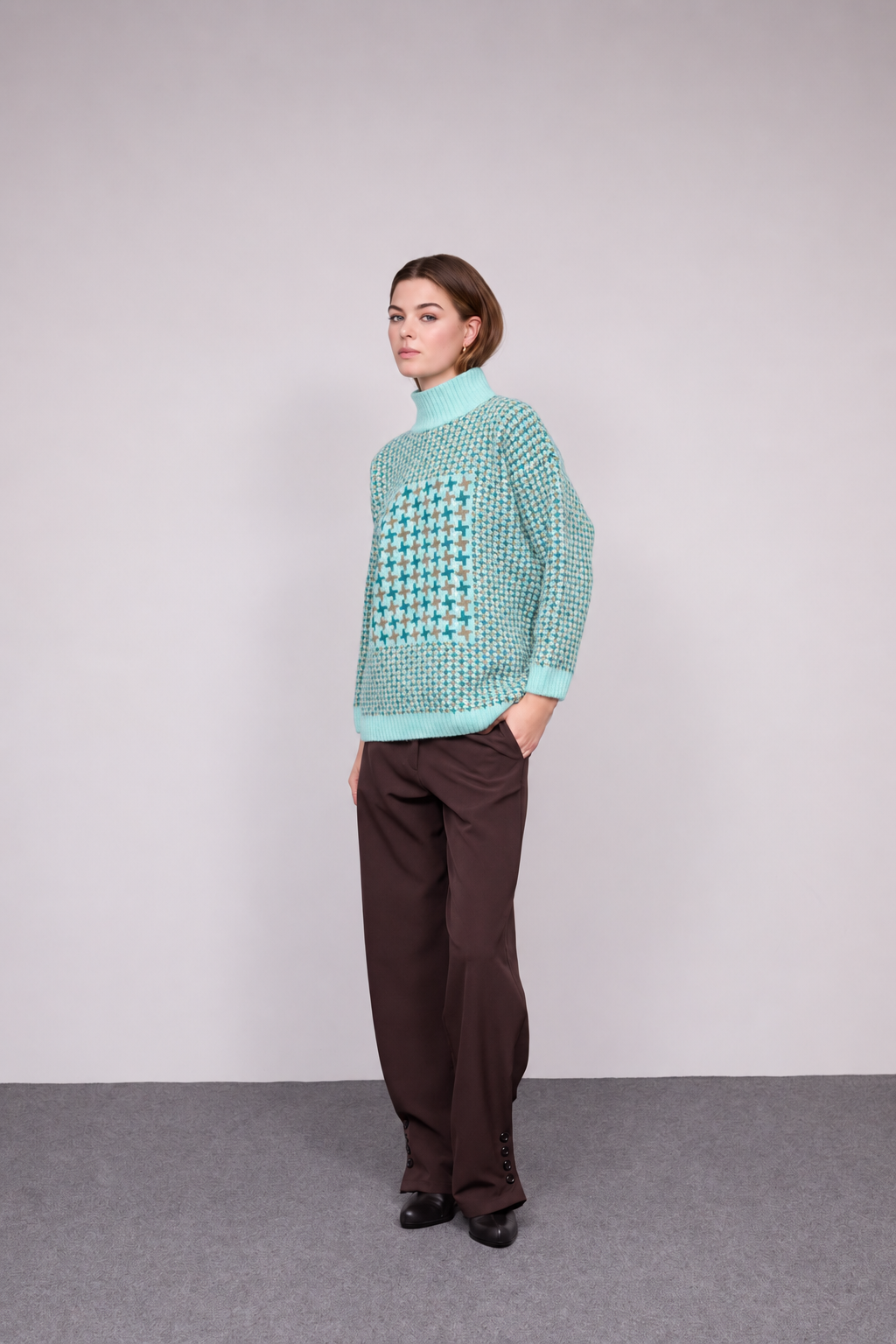 Camisola Pied-de-Poule Gola Alta — Menta
