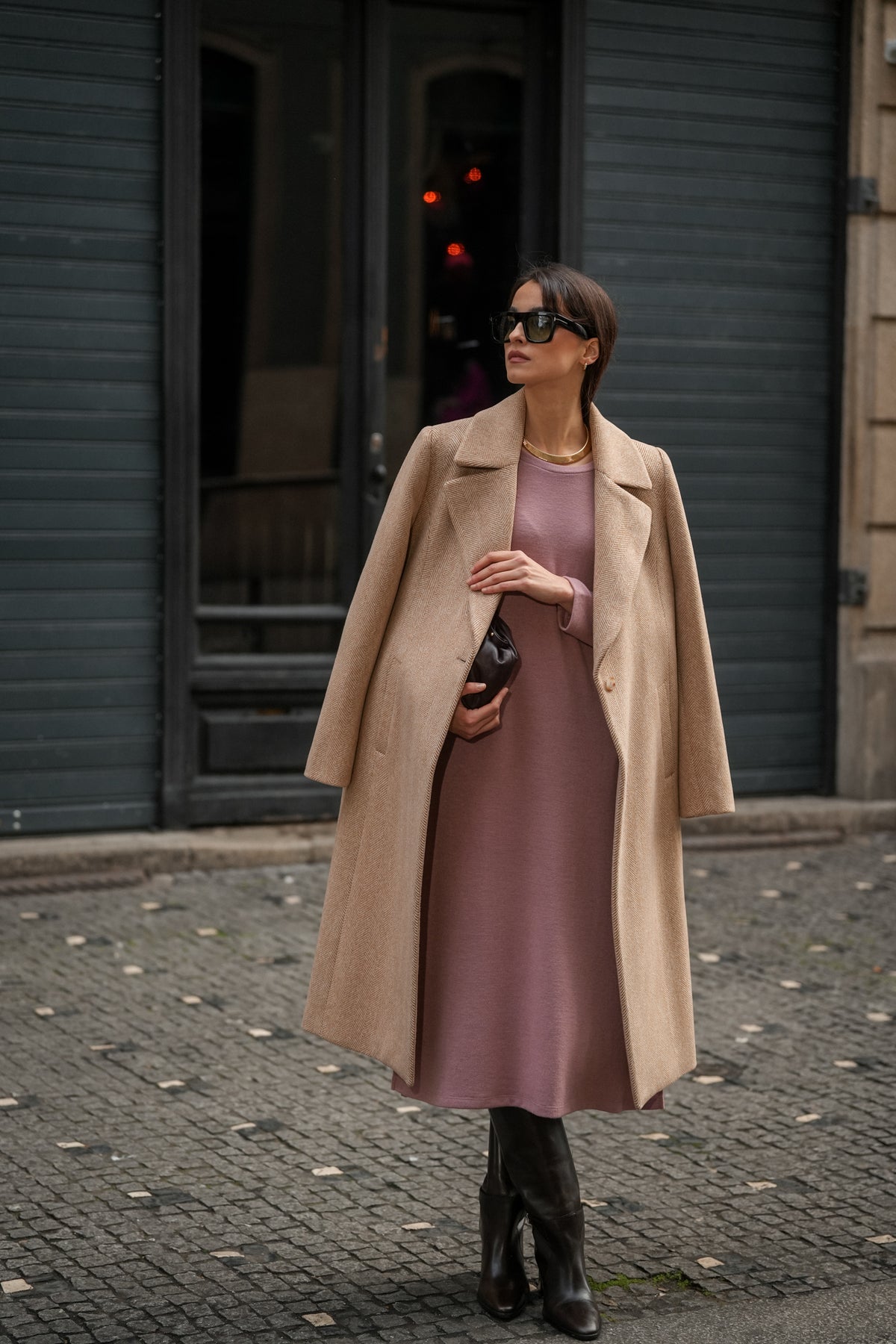Long Coat with Herringbone Pattern