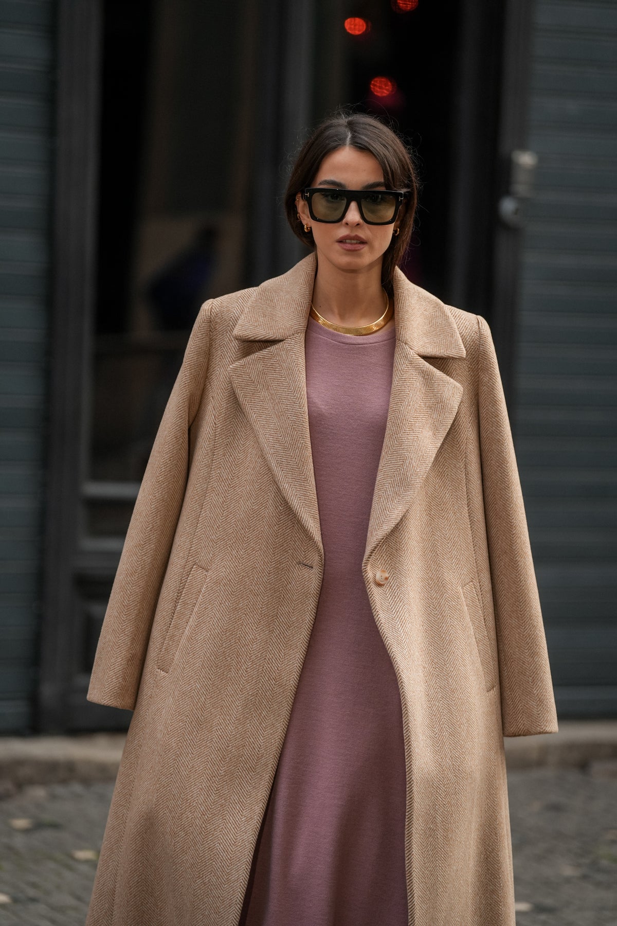 Long Coat with Herringbone Pattern