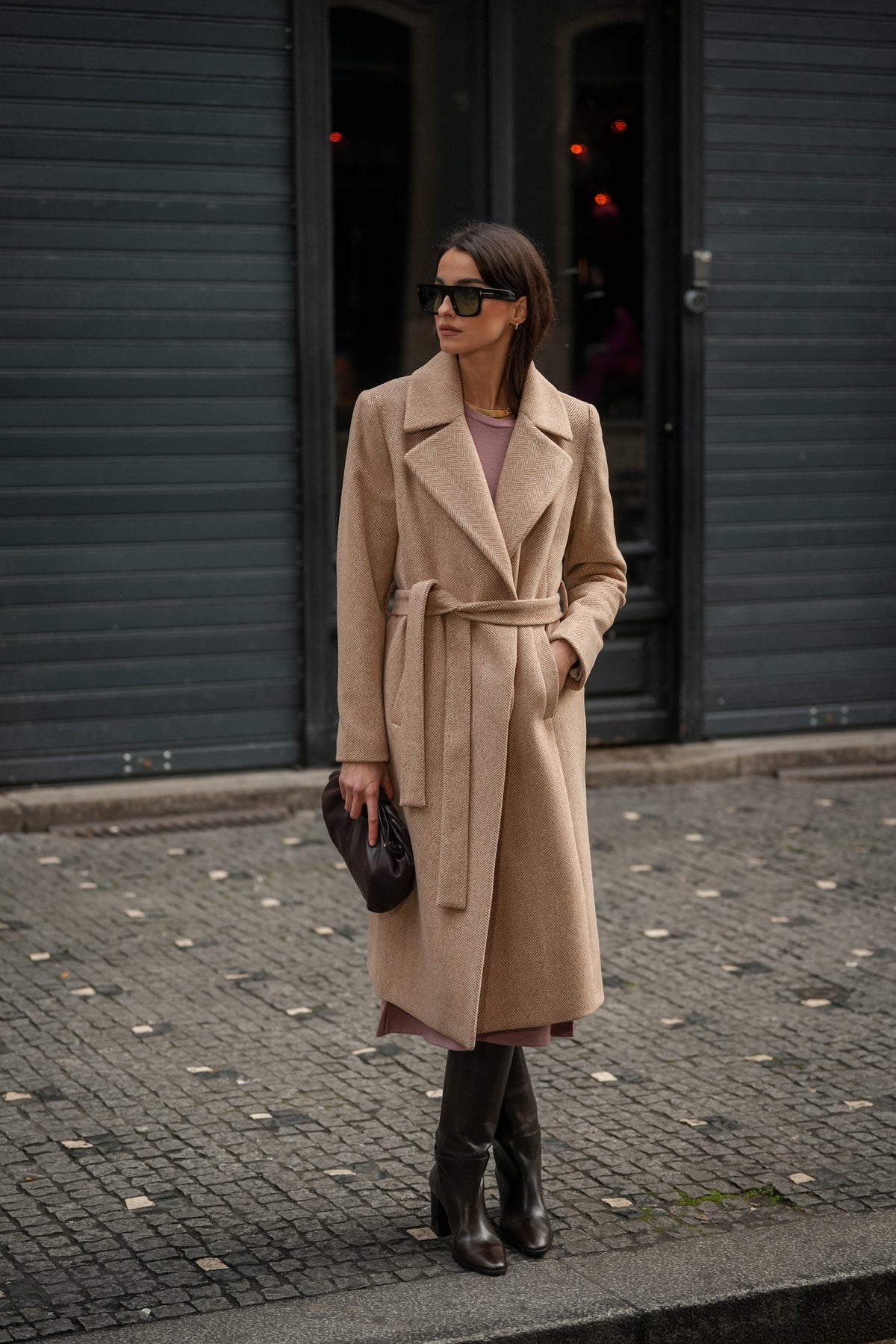 Long Coat with Herringbone Pattern