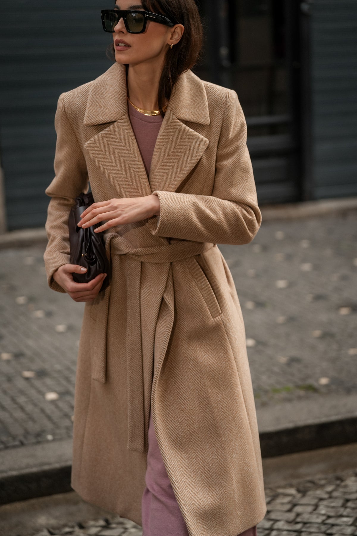 Long Coat with Herringbone Pattern