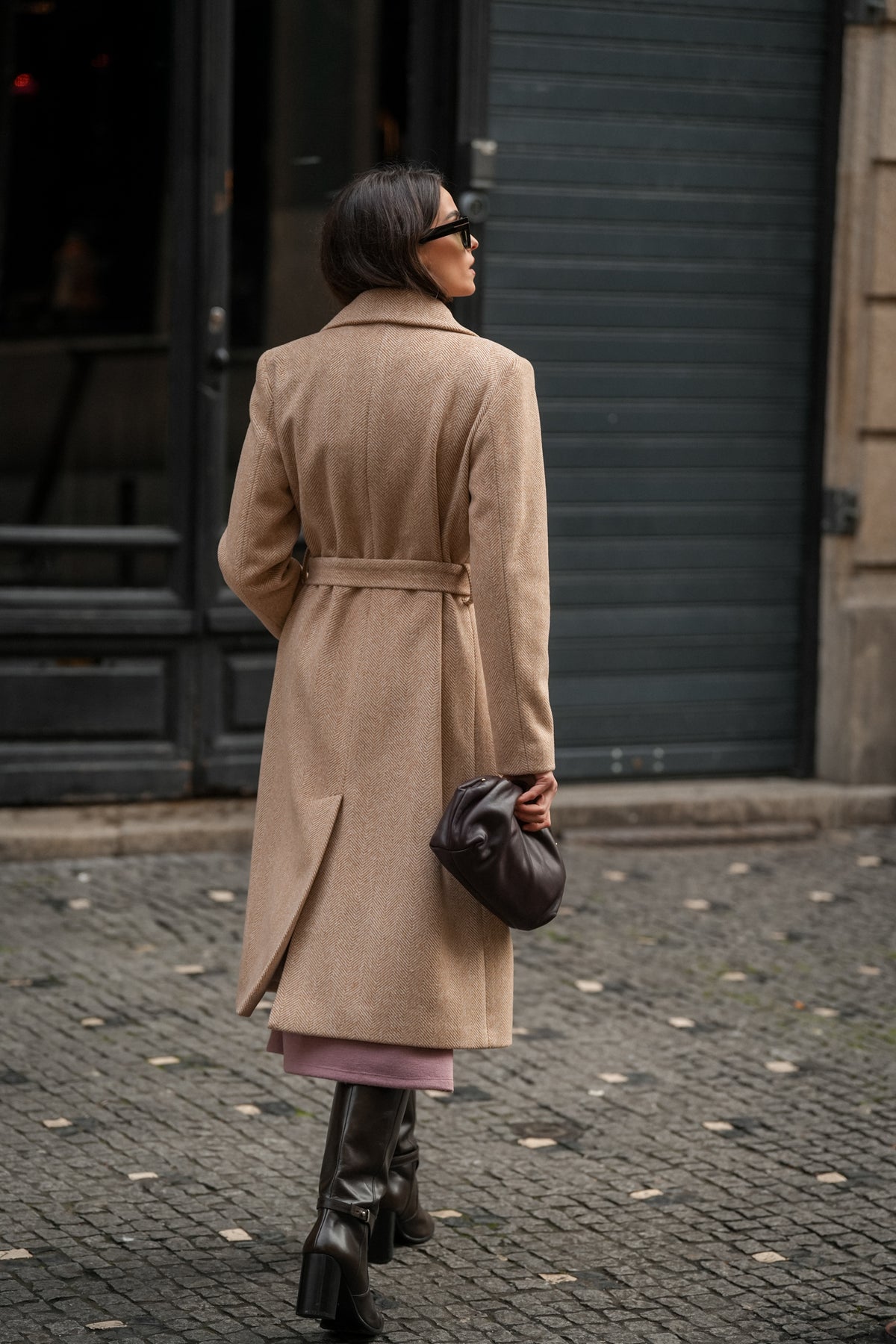 Long Coat with Herringbone Pattern