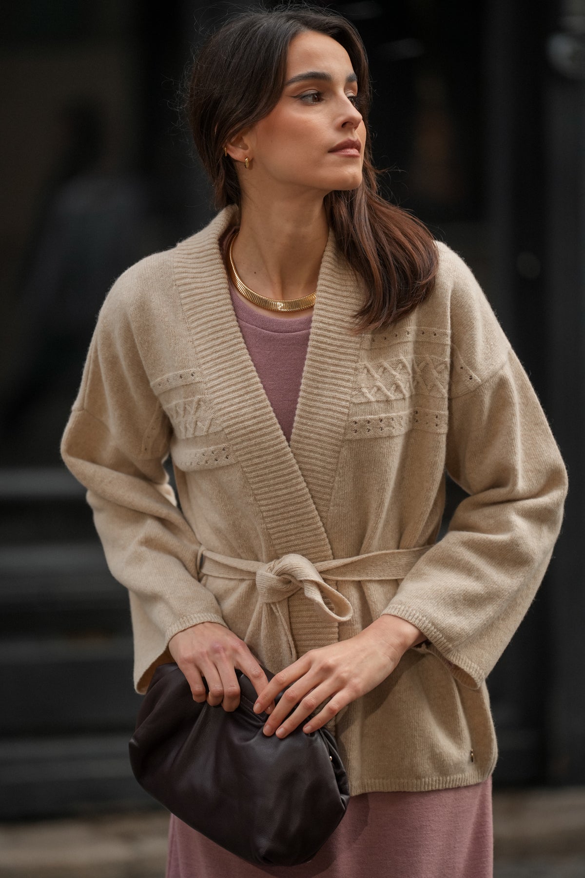 Casaco de Malha com Cinto Bege