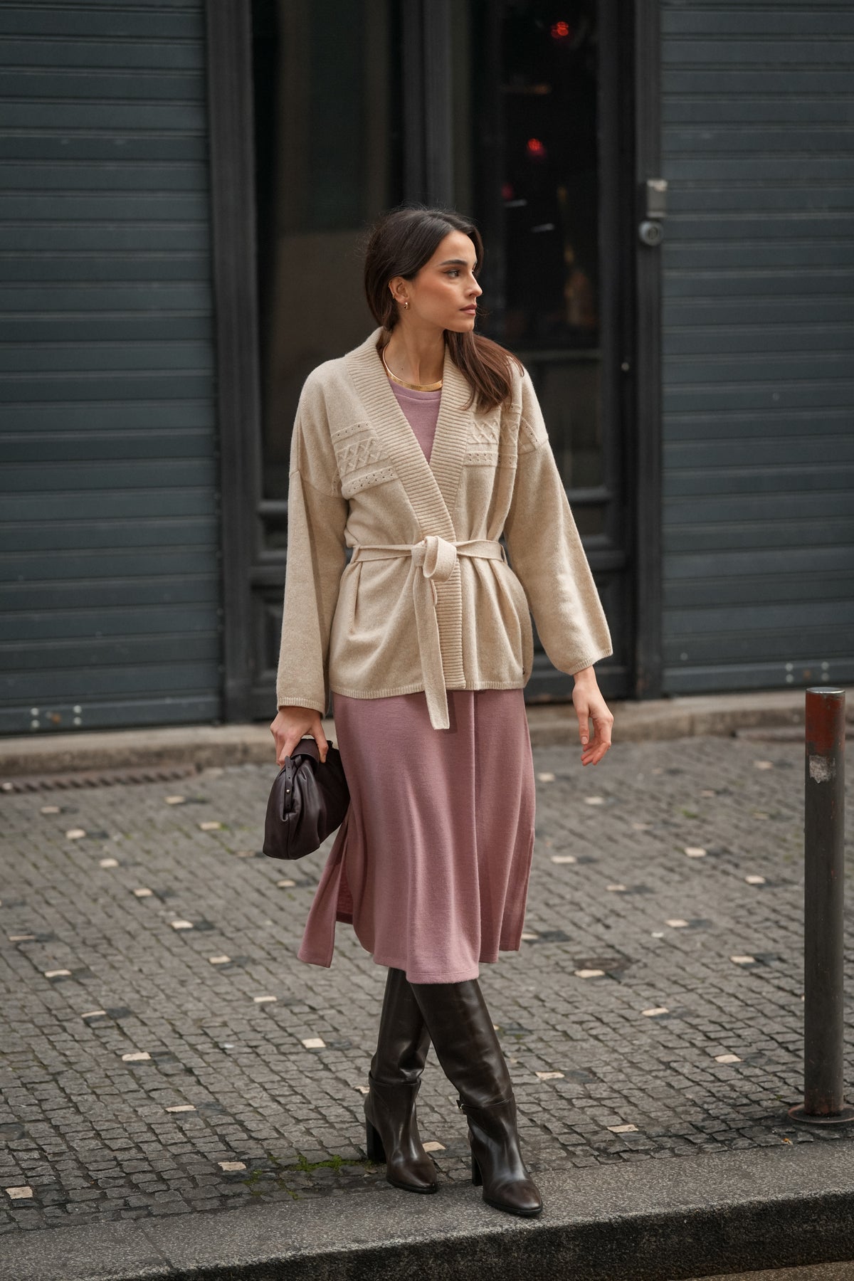 Casaco de Malha com Cinto Bege