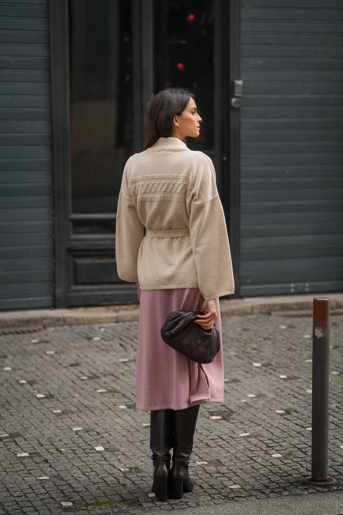 Casaco de Malha com Cinto Bege