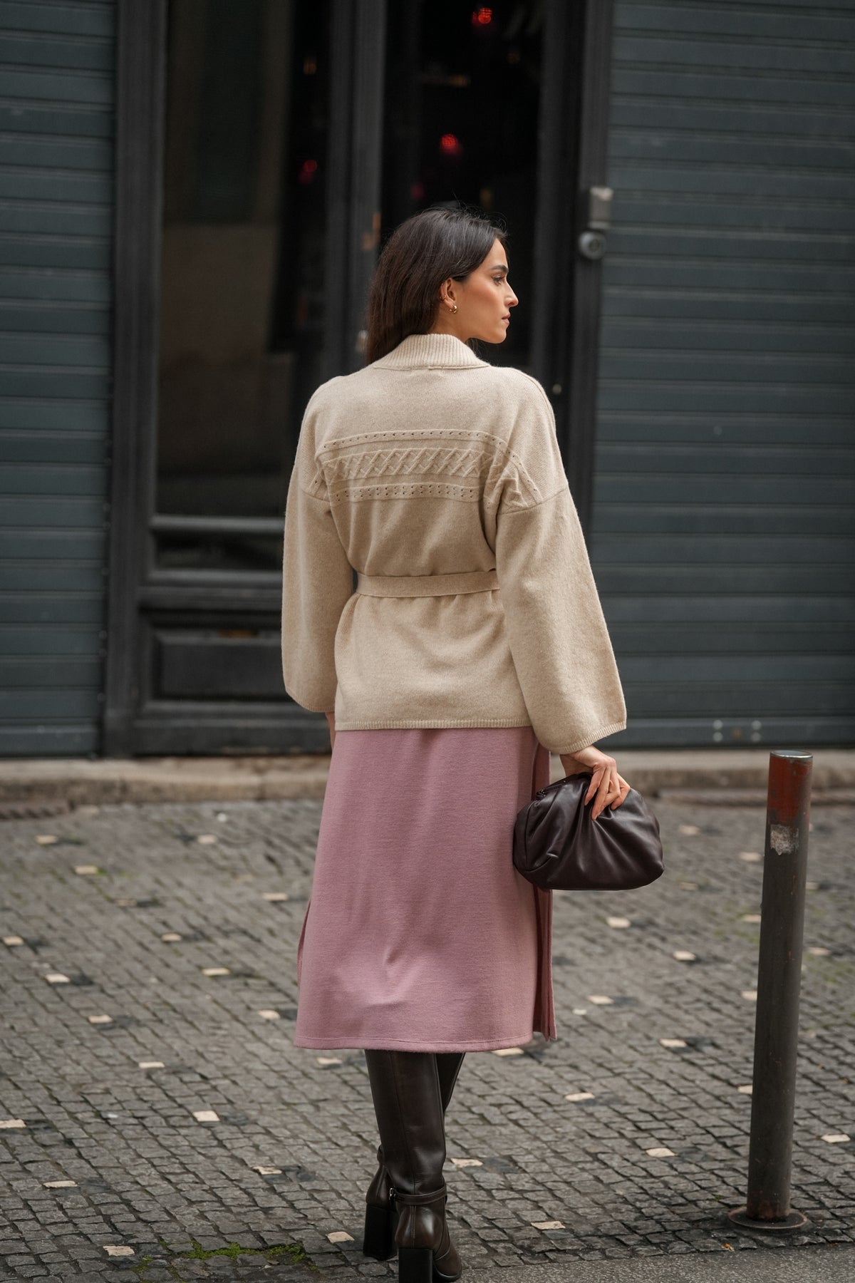 Casaco de Malha com Cinto Bege