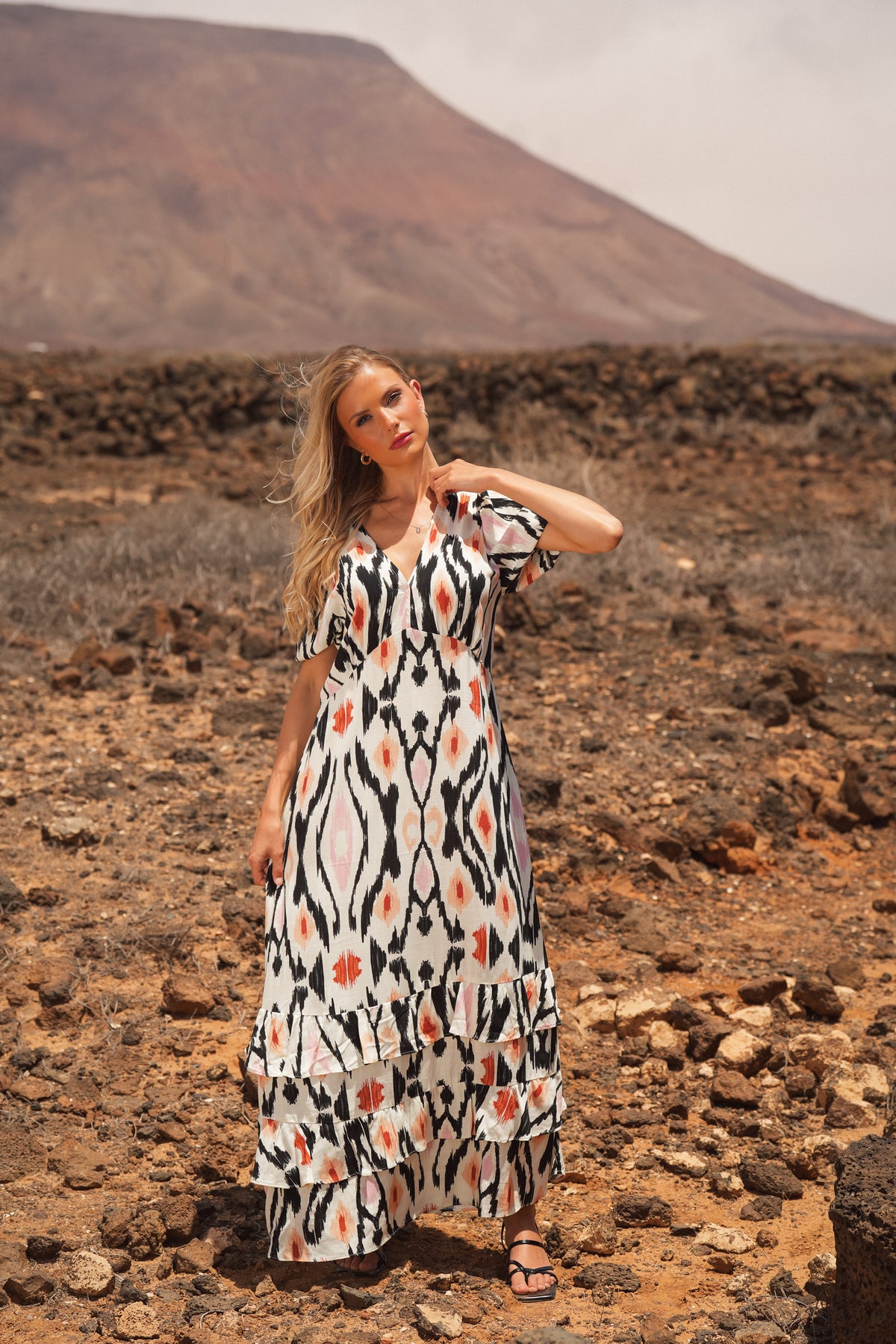 Long Dress with Geometric Print and Ruffles