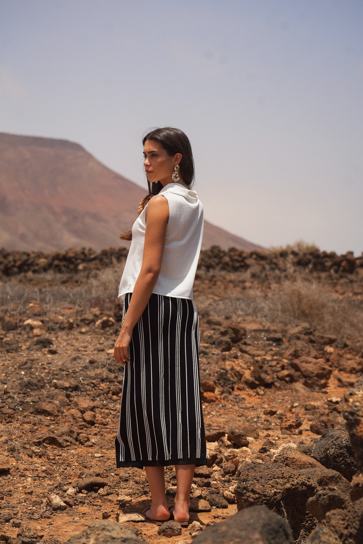 Saia de Malha Midi com Riscas Verticais