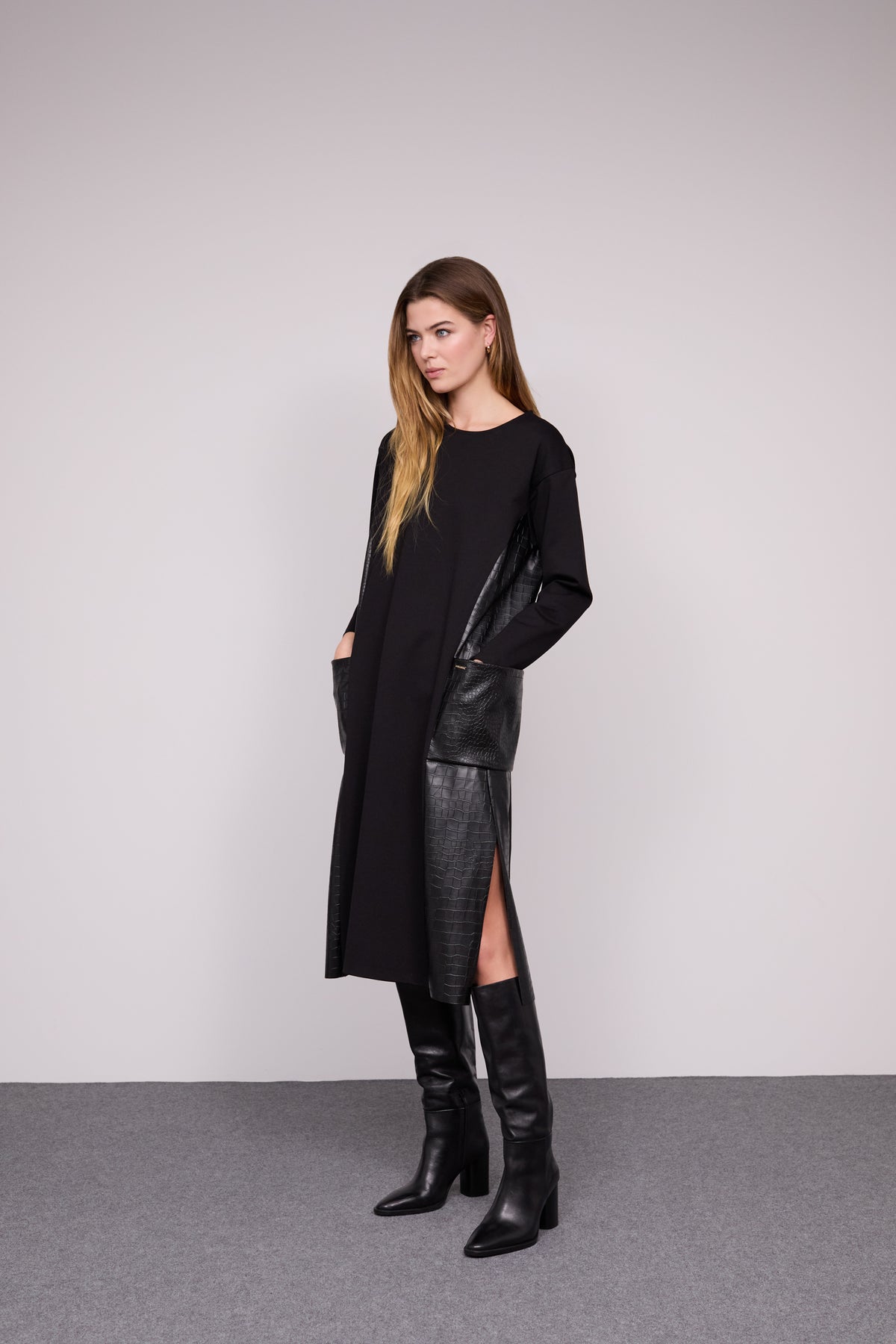 Two-Material Faux Leather Dress