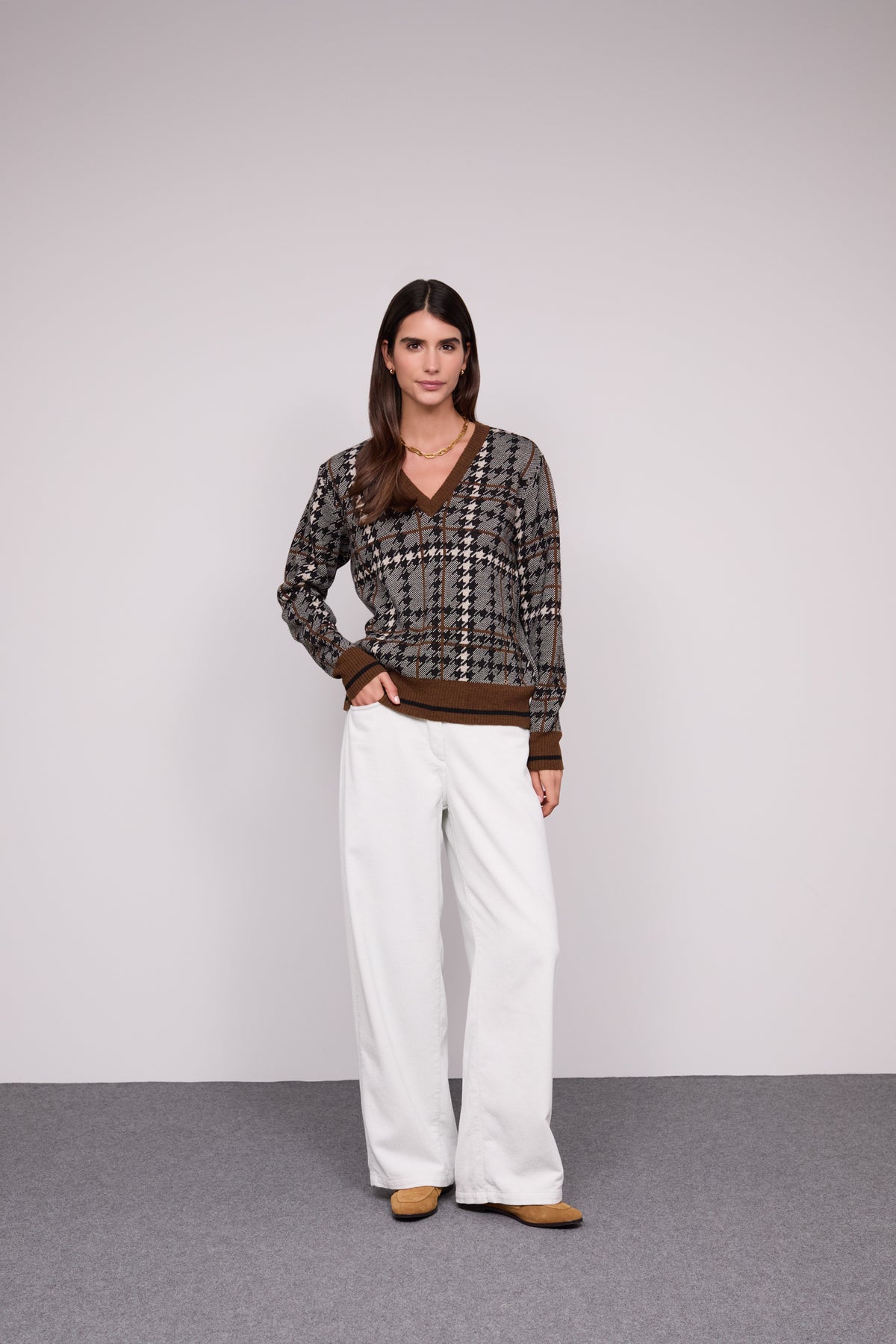 Camisola Pied-de-Poule Decote V