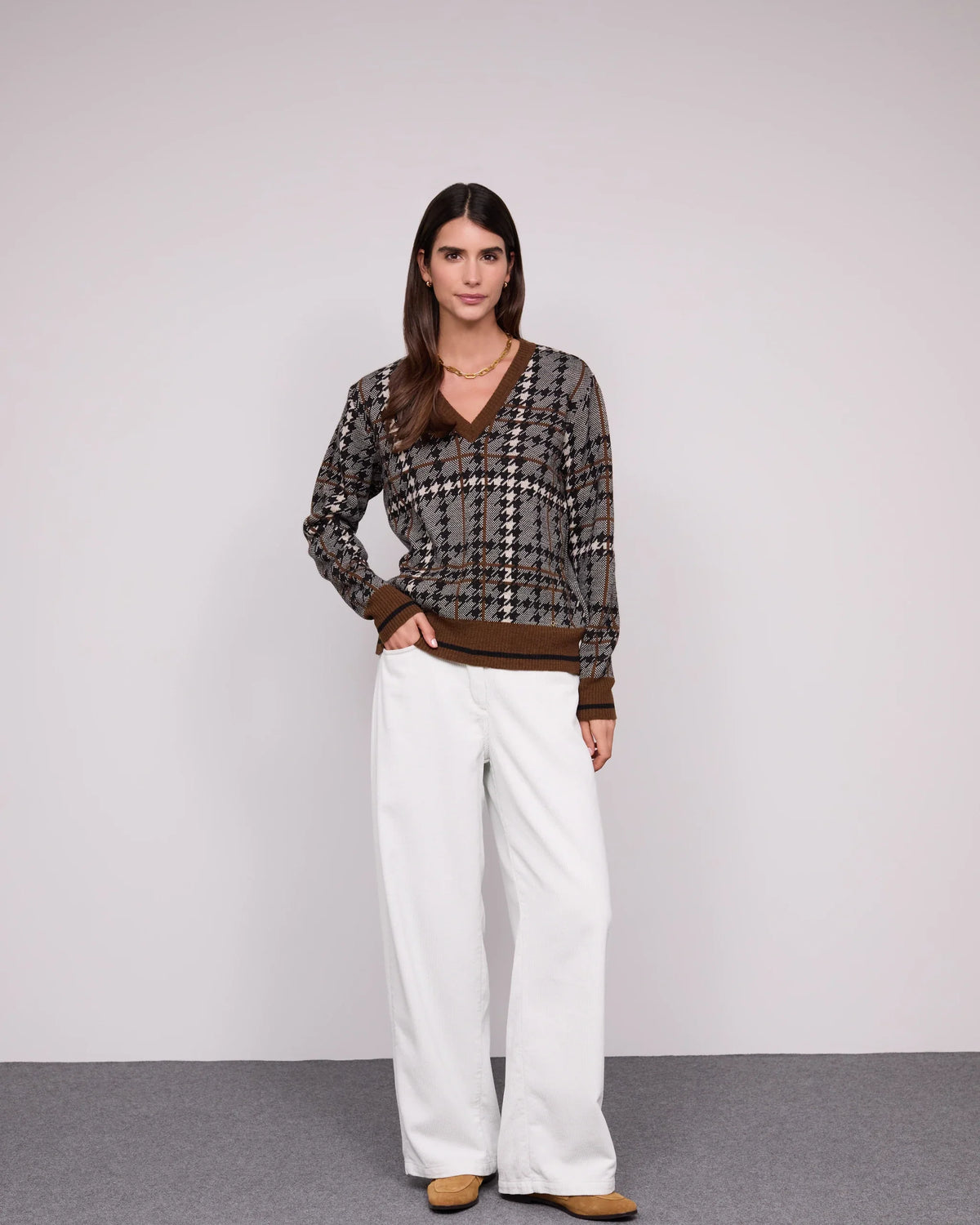 Camisola Pied-de-Poule Decote V