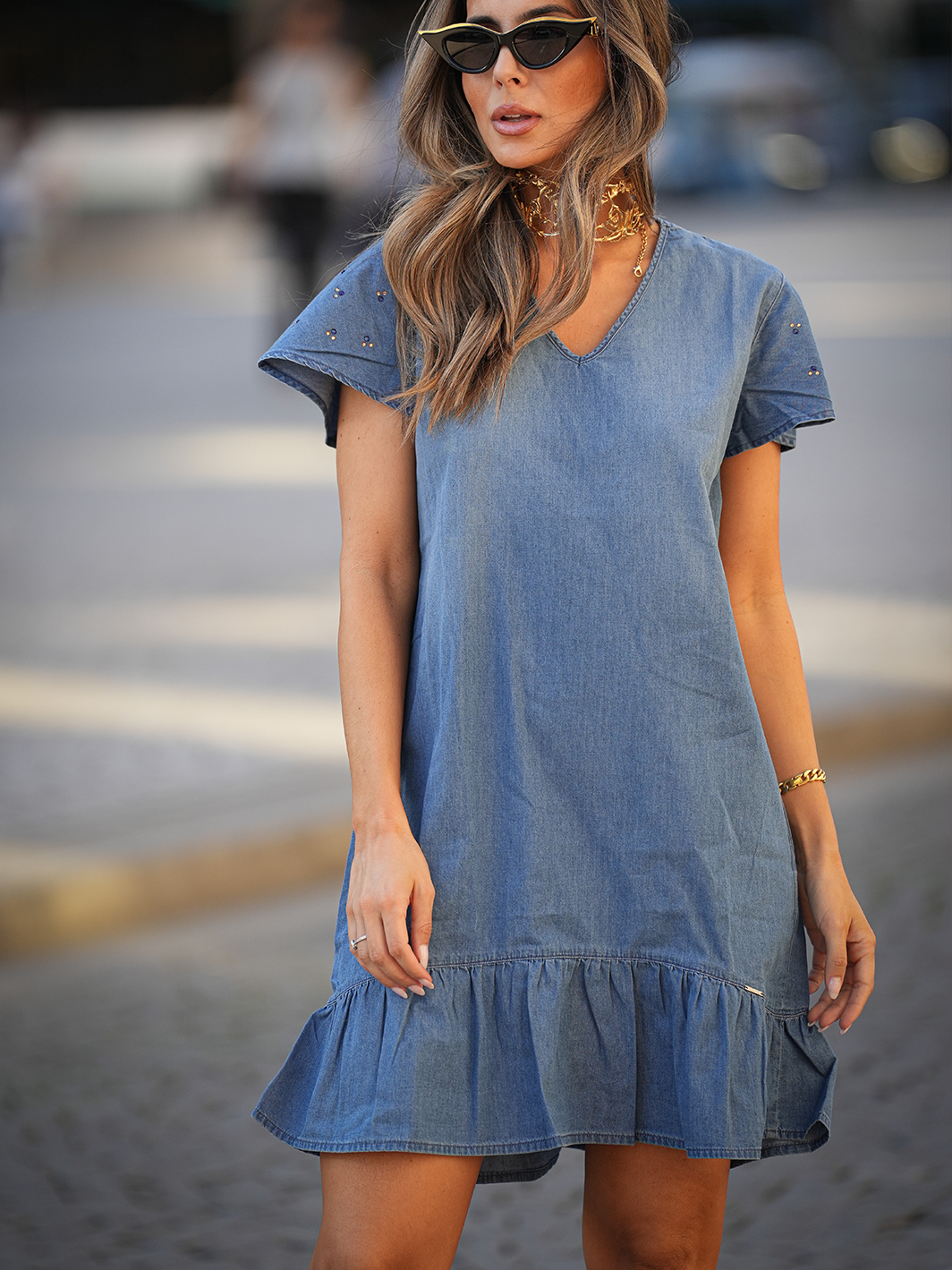 Short Frill Denim Dress GUIMANOS