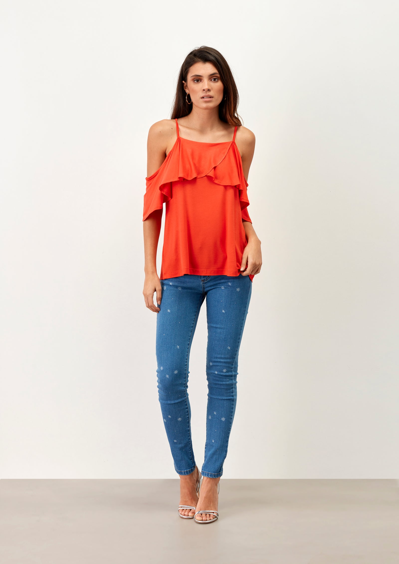 T-Shirt aberta nos Ombros com Folhos - guimanos-store